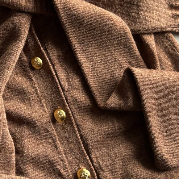 Pink Tartan Merino Wool Caramel Cardigan with Gold Buttons & Tie Neck, sz XS - Picture 9 of 13